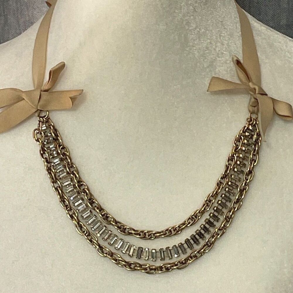 Gold Layered Chain Baguette Rhinestone Ribbon Tie Statement Necklace Adjustable